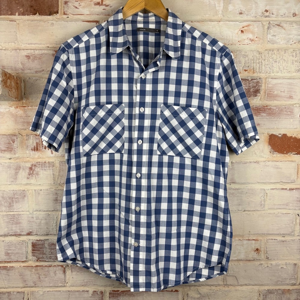 Vince Navy Gingham Check Short Sleeve Button-Up Shirt Mens Size M Cotton Preppy‎